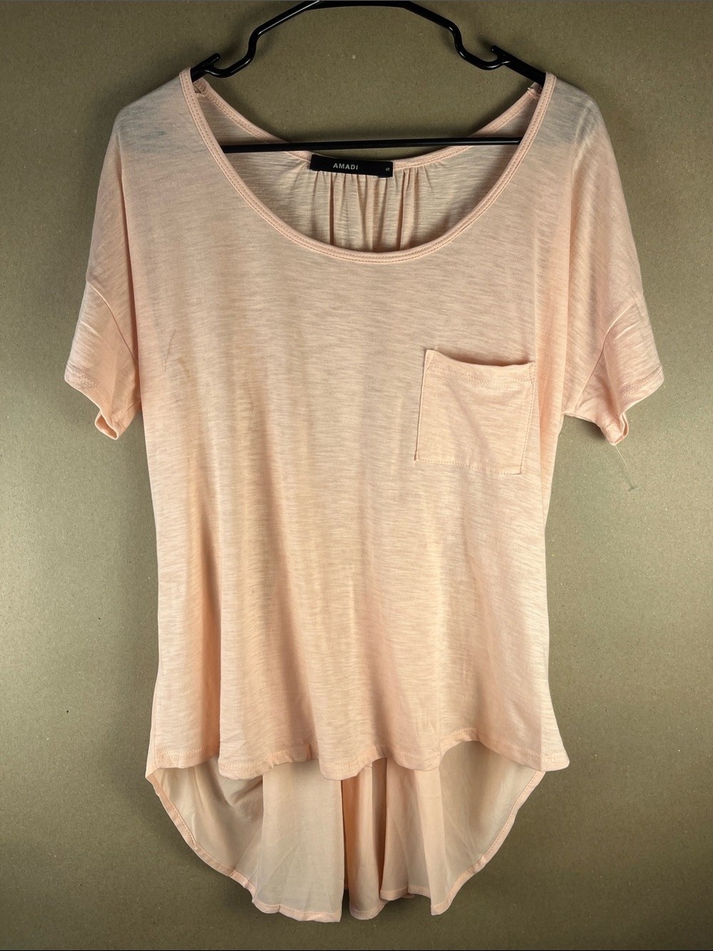 NWOT Amadi Anthropologie Pocket Tee S Blush Pink High Low Hem Made in USA